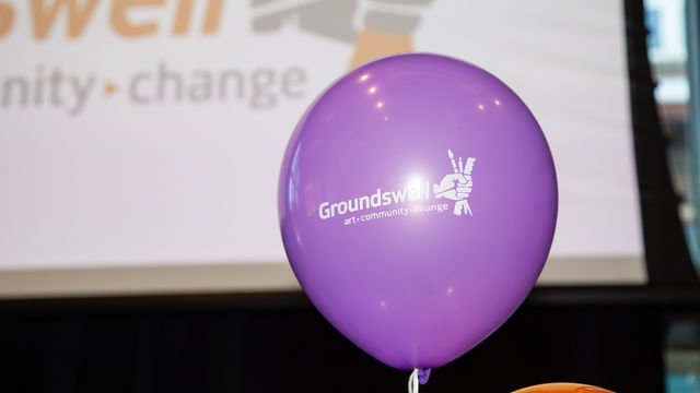 Purple balloon that says "Groundswell"