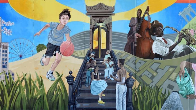 Mural showing boy playing basketball, Brooklyn landmarks, people sitting on a stoop, and people playing instruments 