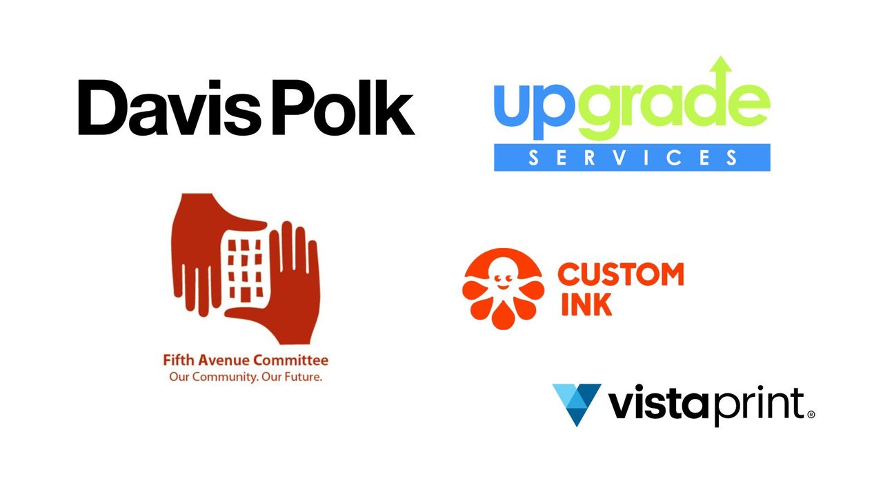 Logos for Davis Polk, Upgrade Services, Fifth Avenue Committee, Custom Ink and Vista Print